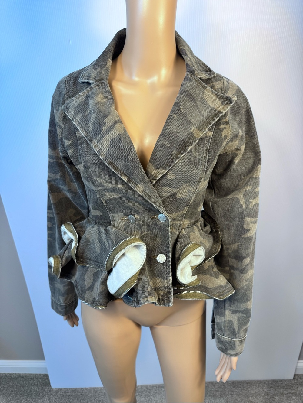 AKIRA Camo Denim Peplum Jacket Zip Ruffle Military Blazer - Picture 3 of 5